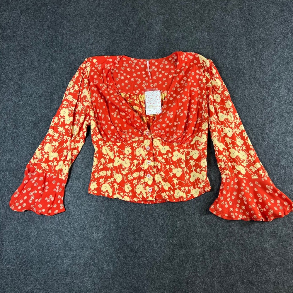 Free People Red Floral Mixed Print Blouse Flared Sleeve Smocked Back L Boho NWT